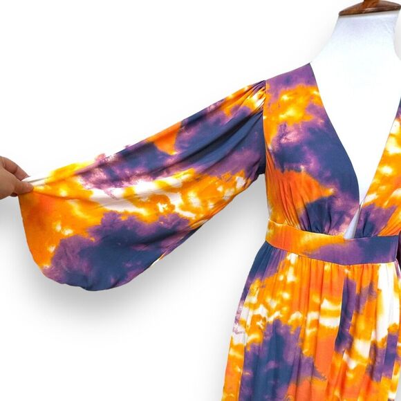 Toccin NY Womens A-Line Maxi Dress Orange Tie Dye Long Sleeve Lined Zip Ruffle 8 - Picture 9 of 15